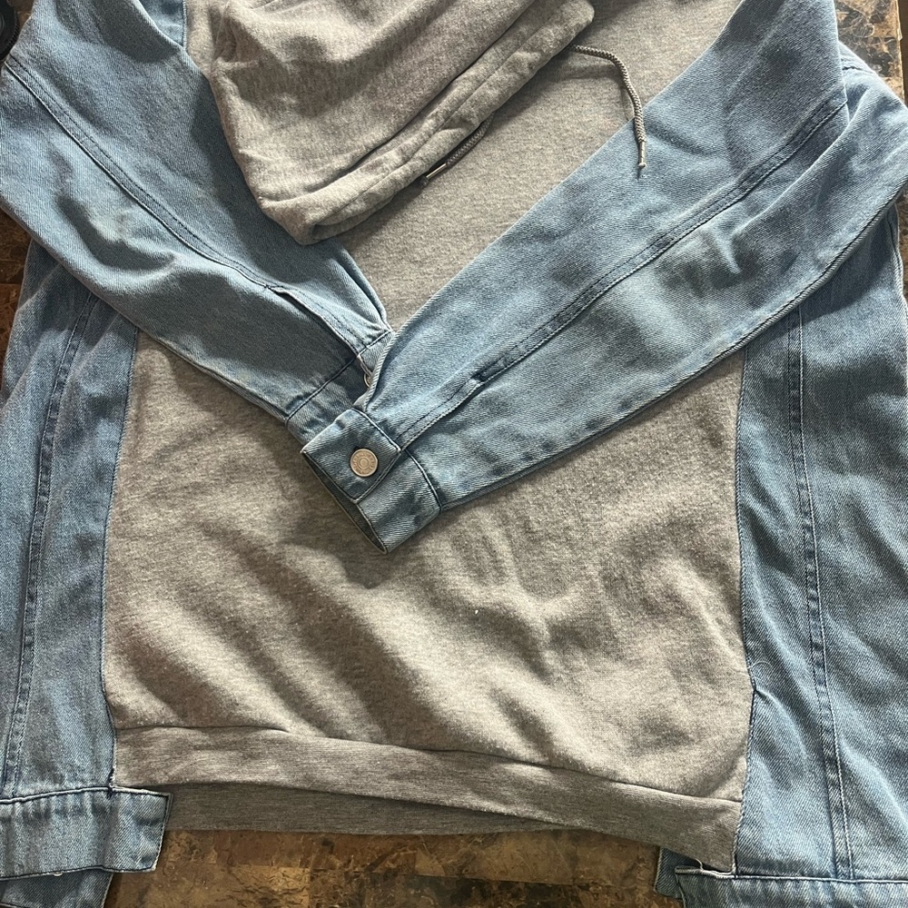 Light Blue Denim-Trim Gray Oversized Hoodie